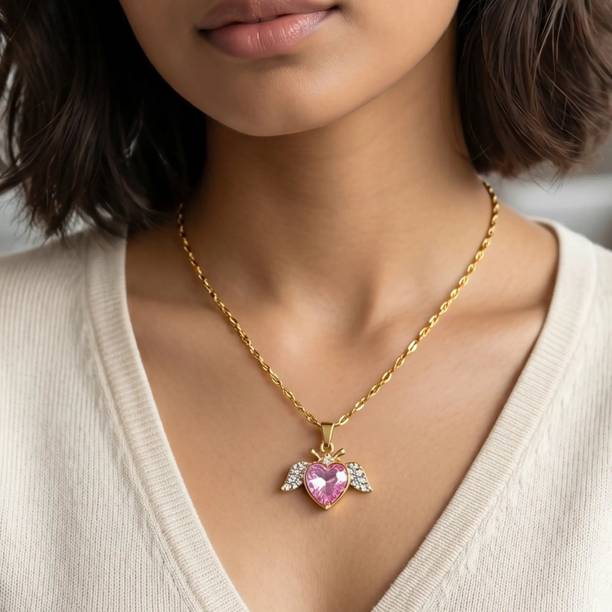 Angel Heart Pink Crystal Anti Tarnish Necklace for Women