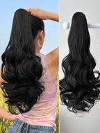 26-28" Long Wavy Black Synthetic Ponytail Extensions