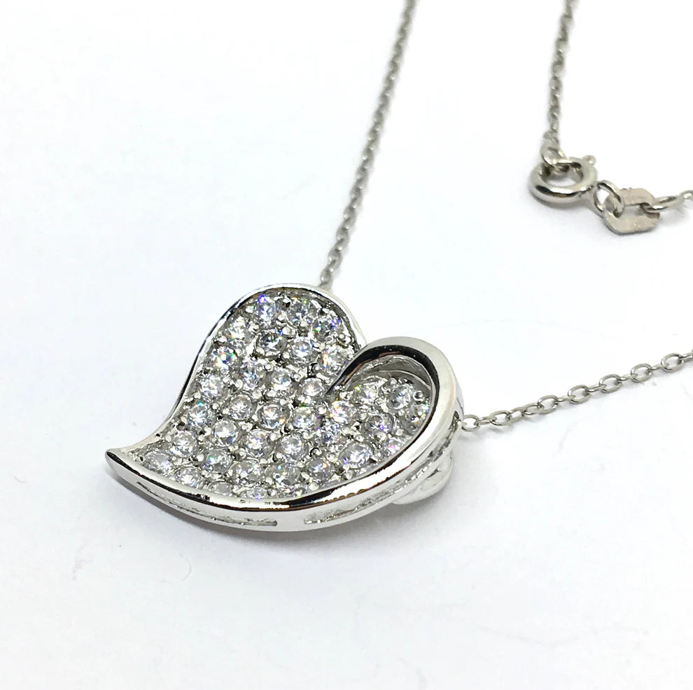 Sparkly Sterling Silver Pave CZ Heart Pendant Necklace