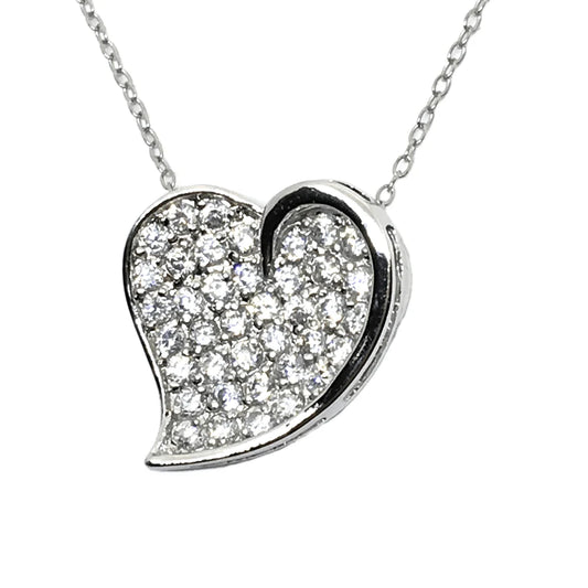 Sparkly Sterling Silver Pave CZ Heart Pendant Necklace
