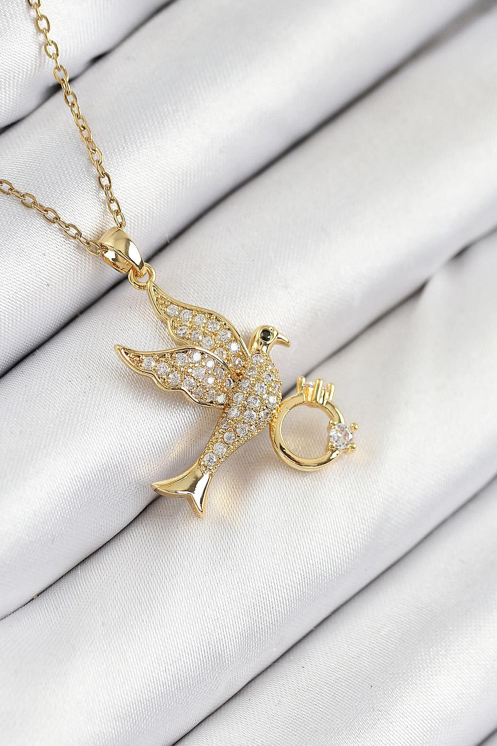 Stainless Steel Zircon Bird with Ring Pendant Necklace