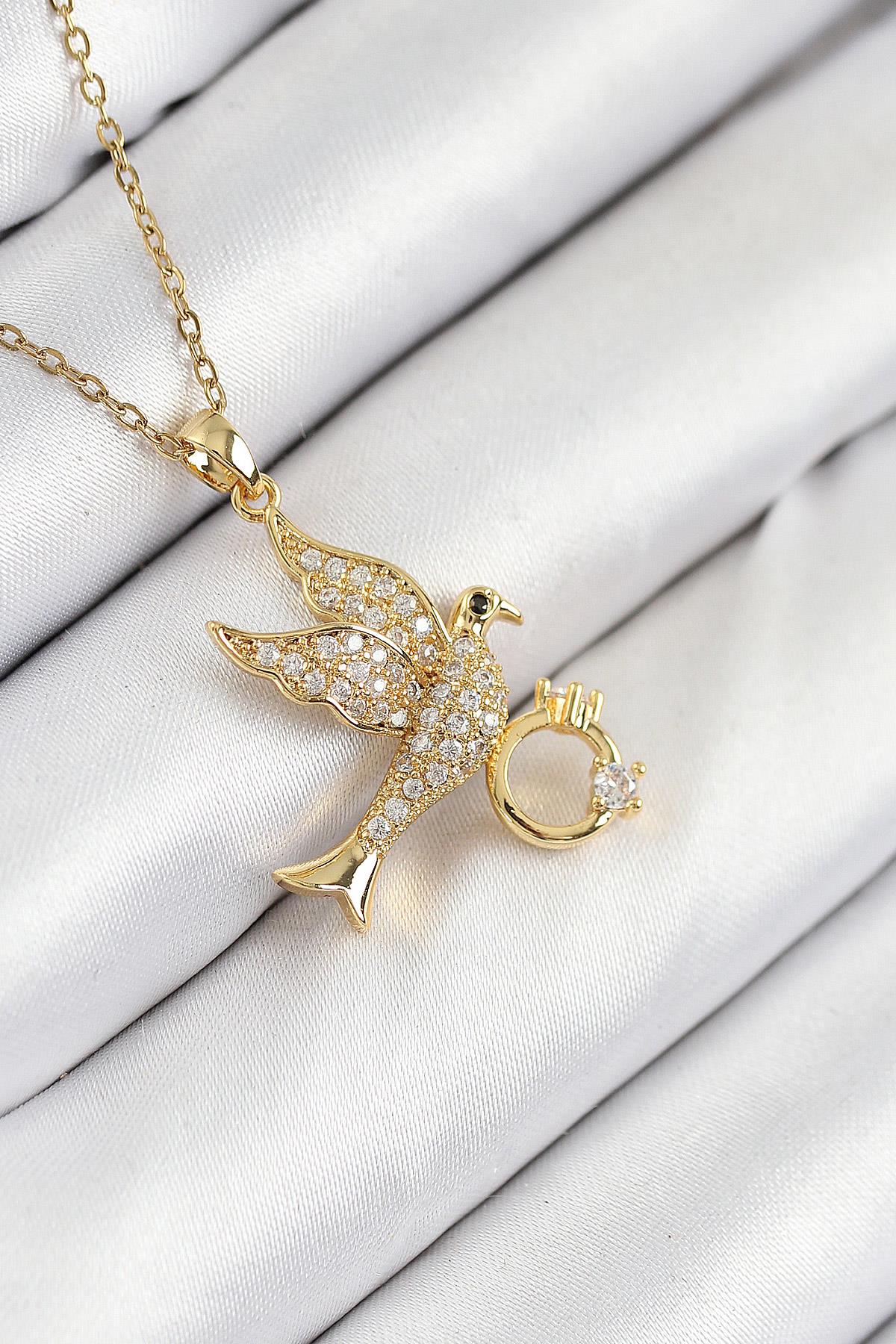 Stainless Steel Zircon Bird with Ring Pendant Necklace