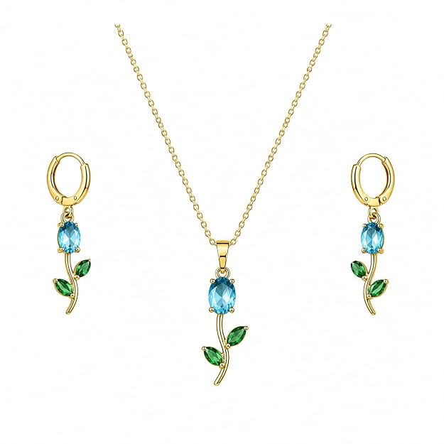 Tulip Necklace with Earrings (Crystal Blue)