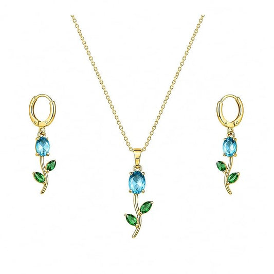 Tulip Necklace with Earrings (Crystal Blue)