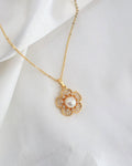 18K Gold Plated Freshwater Pearl Camellia Flower Pendant Necklace