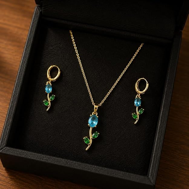 Tulip Necklace with Earrings (Crystal Blue)