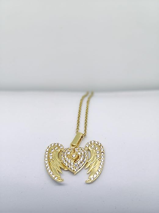 Gold Plated Crystal Pave Opening Angel Wings Heart Locket Necklace