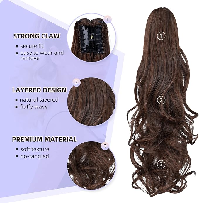 Claw Clip Chocolate Brown Ponytail Extension Curly Wavy Clip in Long Ponytails Hair Extensions