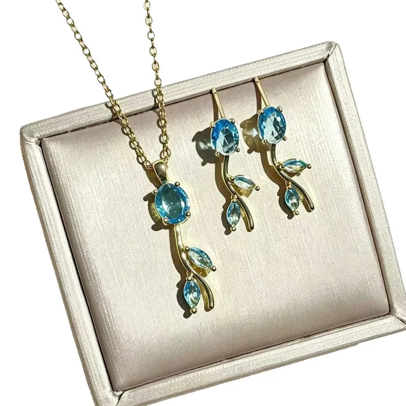 Tulip Necklace with Earrings (Crystal Blue)