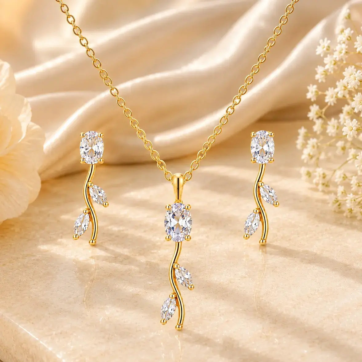 Tulip Necklace with Earrings (Crystal White)