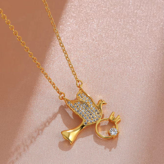 Stainless Steel Zircon Bird with Ring Pendant Necklace