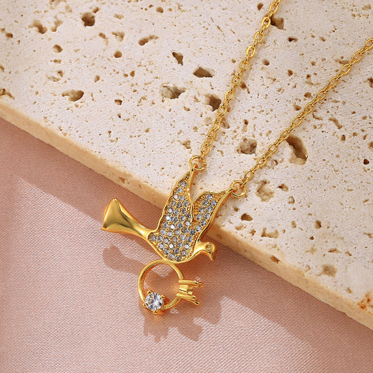 Stainless Steel Zircon Bird with Ring Pendant Necklace