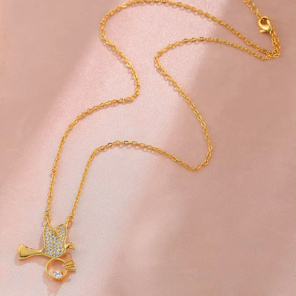 Stainless Steel Zircon Bird with Ring Pendant Necklace