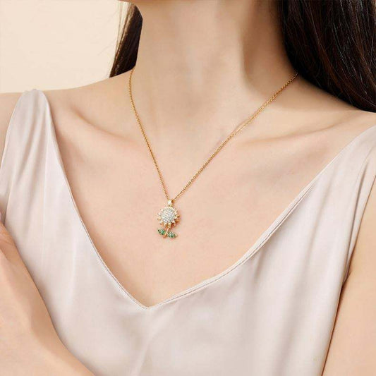 Titanium Spin Sunflower Flower Pave Green CZ Pendant
