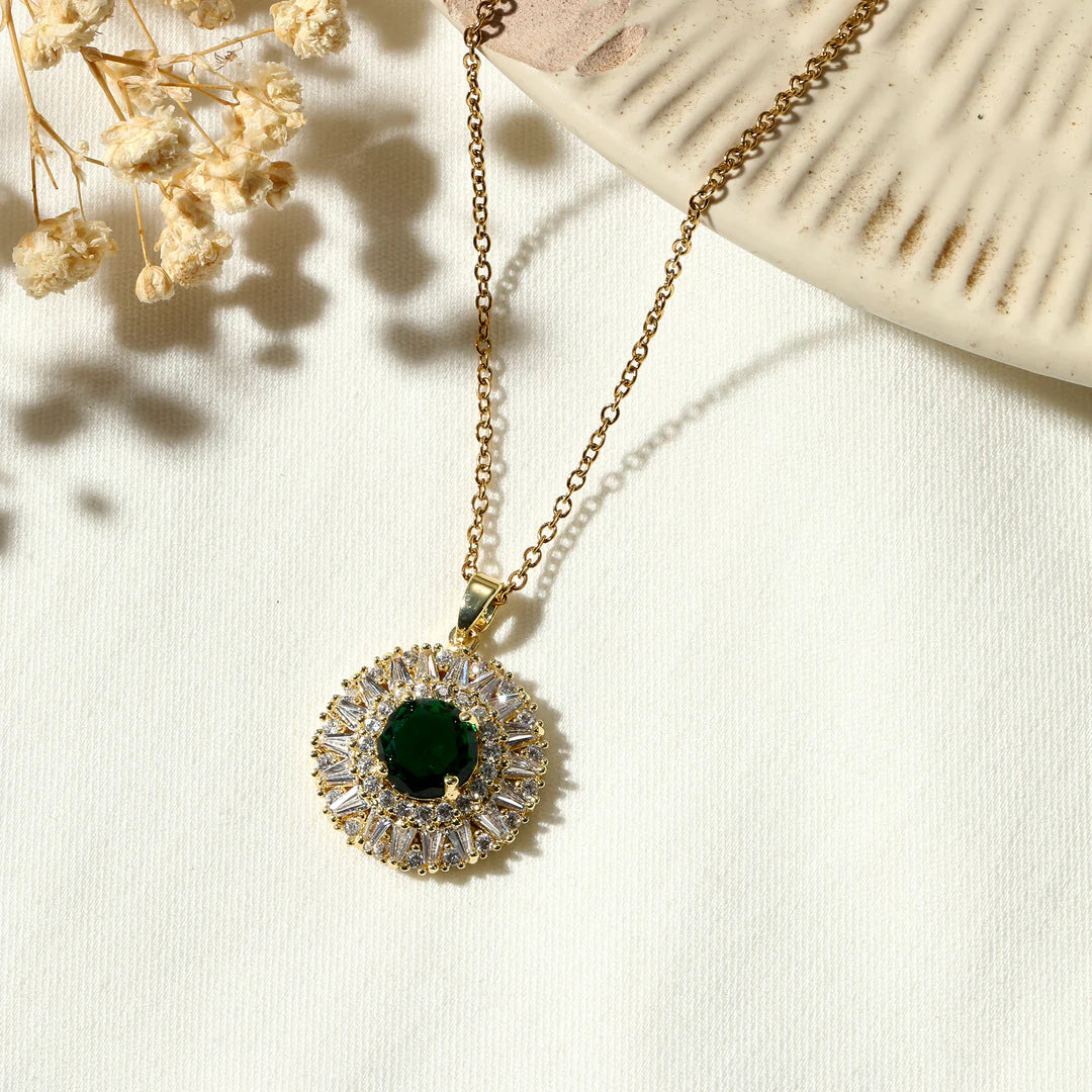 Emerald Green Sunflower Burst Pendant Necklace