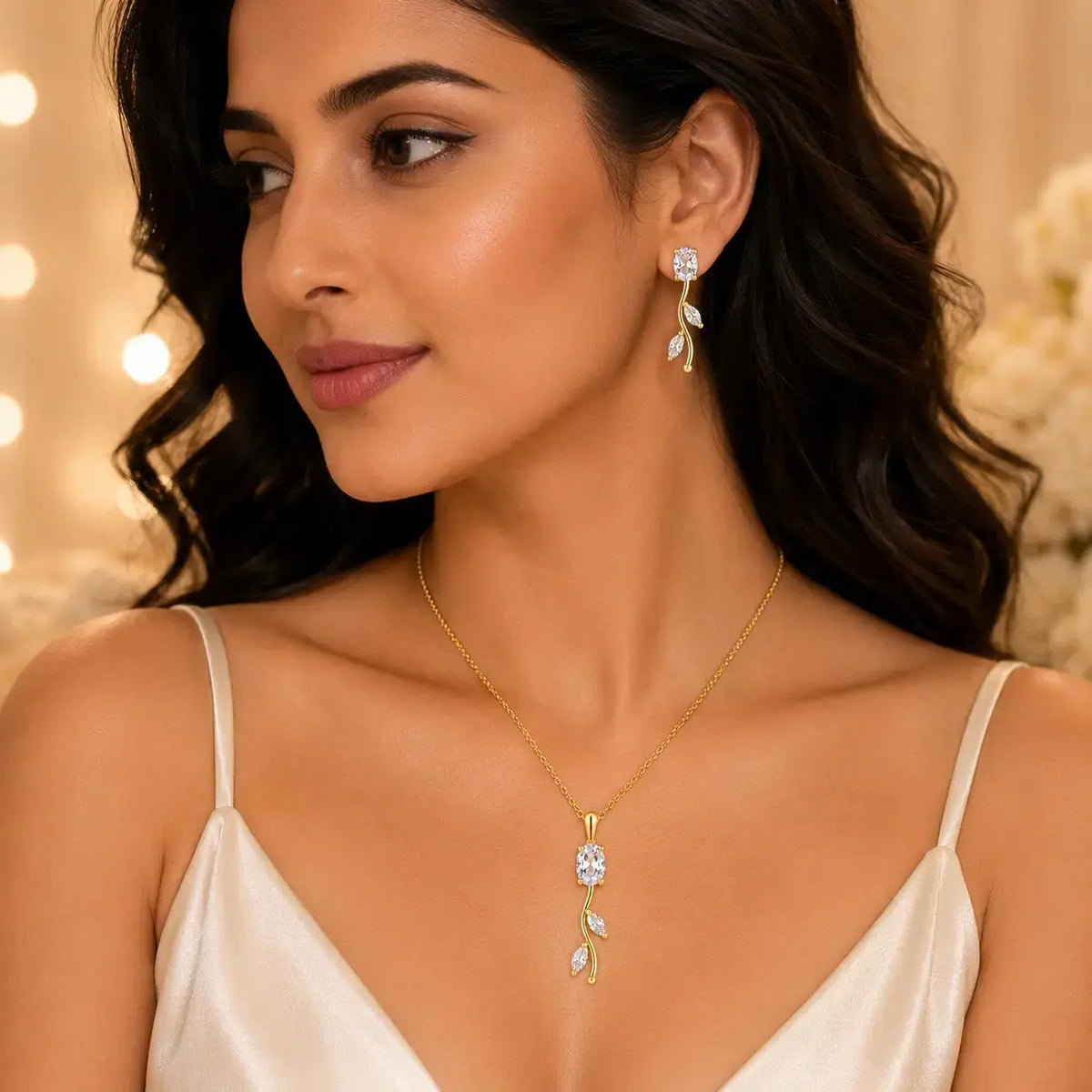 Tulip Necklace with Earrings (Crystal White)