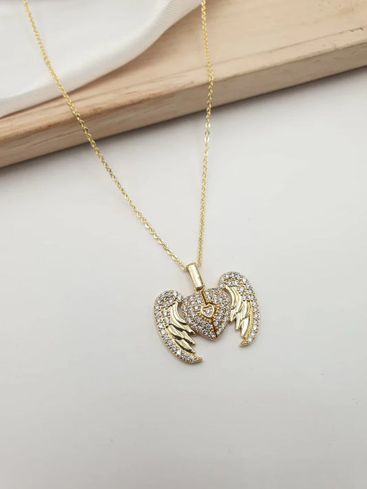 Gold Plated Crystal Pave Opening Angel Wings Heart Locket Necklace