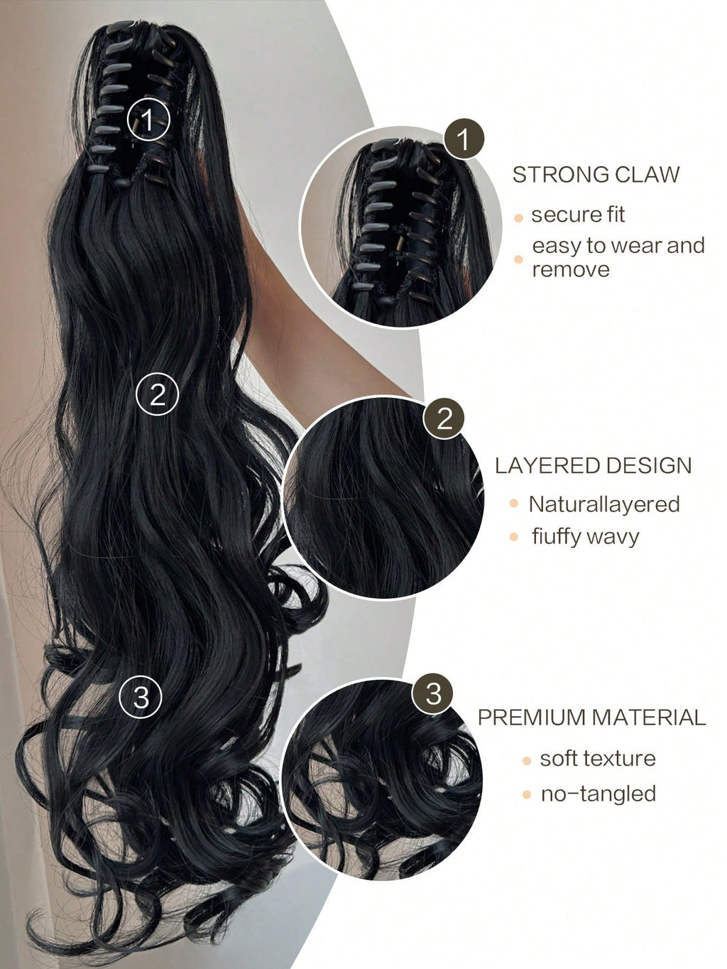 Claw Ponytail Extension 20 Inch Black Natural Wave Wavy Clip in Hair Extensions